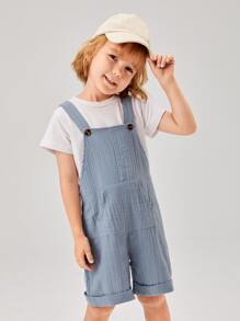 SHEIN Young Boy Solid Color Haze Blue Simple Casual Suspender Jumpsuit With Wide Straps For Summer - Dusty Blue - View 5