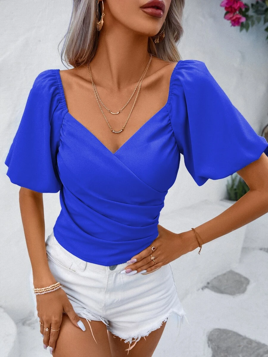 SHEIN Privé Blusa escote corazón de manga farol fruncido lateral - azul real - Ver 1