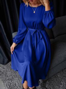 Chiquease Solid Belted Satin A-line Dress - Royal Blue - View 3