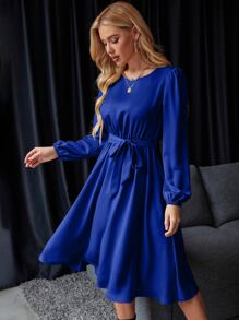 Chiquease Solid Belted Satin A-line Dress - Royal Blue - View 4