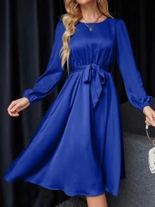 Chiquease Solid Belted Satin A-line Dress - Royal Blue - View 5