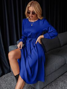 Chiquease Solid Belted Satin A-line Dress - Royal Blue - View 6