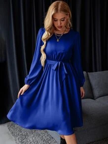 Chiquease Solid Belted Satin A-line Dress - Royal Blue - View 7