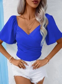 SHEIN Privé Blusa escote corazón de manga farol fruncido lateral - azul real - Ver 4