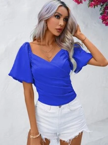SHEIN Privé Blusa escote corazón de manga farol fruncido lateral - azul real - Ver 7