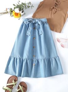 Bé Gái Chân váy Denim Viên lá sen Nút phía trước màu trơn - Rửa nhẹ - Xem 1