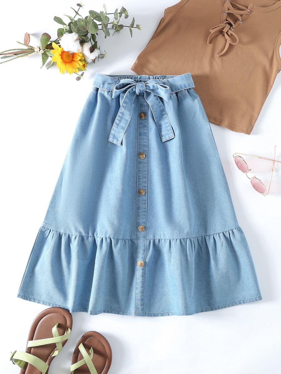 Bé Gái Chân váy Denim Viên lá sen Nút phía trước màu trơn - Rửa nhẹ - Xem 1