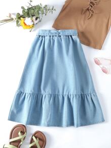 Bé Gái Chân váy Denim Viên lá sen Nút phía trước màu trơn - Rửa nhẹ - Xem 2