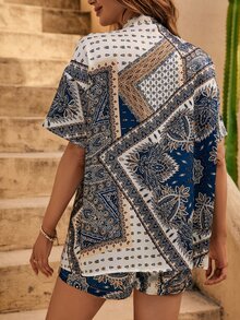 SHEIN VCAY Allover Print Drop Shoulder Kimono & Shorts - Multicolor - View 2