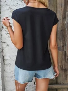 SHEIN LUNE Áo thun nữ Tương phản ren ghép mộng kim sa Tương phản ràng buộc màu trơn Giải trí - màu đen - Xem 2