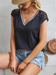 SHEIN LUNE Áo thun nữ Tương phản ren ghép mộng kim sa Tương phản ràng buộc màu trơn Giải trí - màu đen - Xem 3