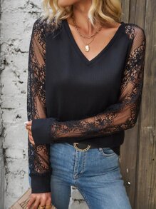 SHEIN LUNE Sudadera con encaje en contraste de manga raglán tejido waffle - Negro - Ver 5