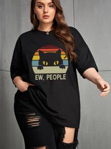 INAWLY Plus Cartoon & Letter Graphic Drop Shoulder Tee, Women Top, Summer