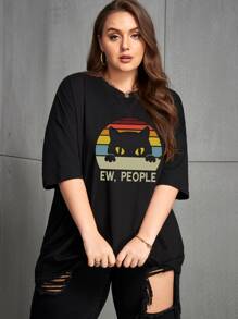 INAWLY Plus Cartoon & Letter Graphic Drop Shoulder Tee, Women Top, Summer