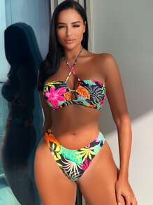 SHEIN Swim Bộ bikini dây in họa tiết nhiệt đới đi biển mùa hè - Nhiều màu - Xem 1