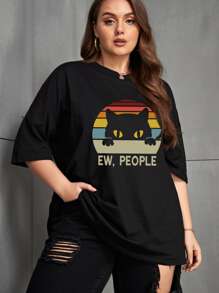 INAWLY Plus Cartoon & Letter Graphic Drop Shoulder Tee, Women Top, Summer