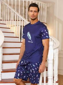 Hombres Conjunto de pijama pluma & con estampado de letra - Azul Marino - Ver 1