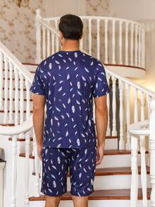 Hombres Conjunto de pijama pluma & con estampado de letra - Azul Marino - Ver 2