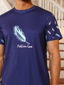 Hombres Conjunto de pijama pluma & con estampado de letra - Azul Marino - Ver 3