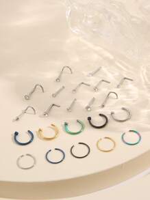 17KM 22入組不銹鋼鼻環鼻腔耳釘混合穿孔鼻環套裝身體穿刺首飾適合女士不銹鋼受歡迎穿孔身體鏈禮品適合女士和男士 - 銀色 - 查看 2