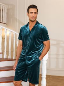 Homme Ensemble De Pyjama Unicolore À Bouton - Vert sapin - Voir 4