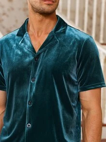 Homme Ensemble De Pyjama Unicolore À Bouton - Vert sapin - Voir 5