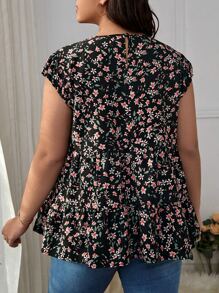 SHEIN VCAY Plus Ditsy Floral Keyhole Neck Blouse - Black - View 2