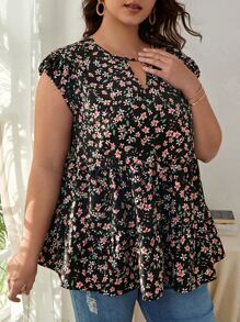 SHEIN VCAY Plus Ditsy Floral Keyhole Neck Blouse - Black - View 3