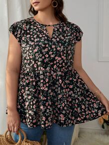 SHEIN VCAY Plus Ditsy Floral Keyhole Neck Blouse - Black - View 4