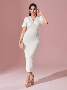 Modelyn Vestido ajustado unicolor de manga farol - Beis - Ver 2