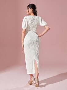 Modelyn Vestido ajustado unicolor de manga farol - Beis - Ver 3