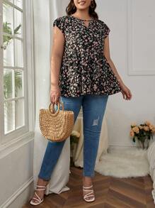 SHEIN VCAY Plus Ditsy Floral Keyhole Neck Blouse - Black - View 5