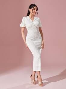 Modelyn Vestido ajustado unicolor de manga farol - Beis - Ver 1