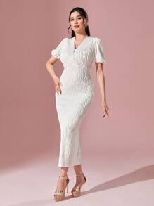 Modelyn Vestido ajustado unicolor de manga farol - Beis - Ver 4