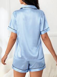 对比色滚边缎面睡衣套装/睡衣套装 - 淺藍色 - 查看 2