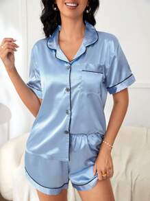 对比色滚边缎面睡衣套装/睡衣套装 - 淺藍色 - 查看 5