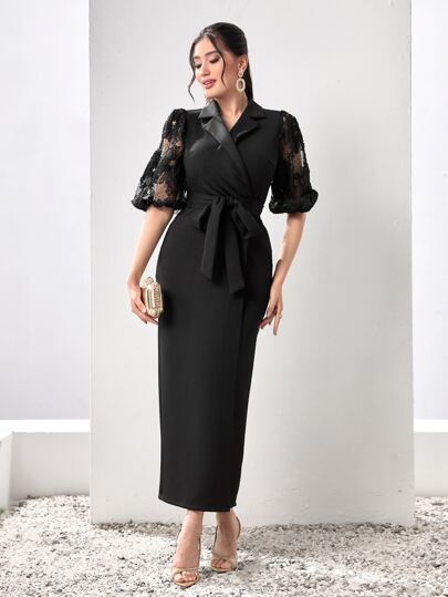 Modelyn 網紗拼接泡泡袖繫腰帶連衣裙