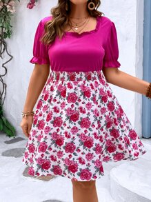 SHEIN Holidaya Plus Floral Print Frill Trim Puff Sleeve Dress - Hot Pink - View 1
