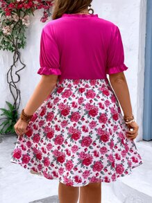 SHEIN Holidaya Plus Floral Print Frill Trim Puff Sleeve Dress - Hot Pink - View 2