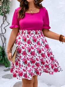 SHEIN Holidaya Plus Floral Print Frill Trim Puff Sleeve Dress - Hot Pink - View 3