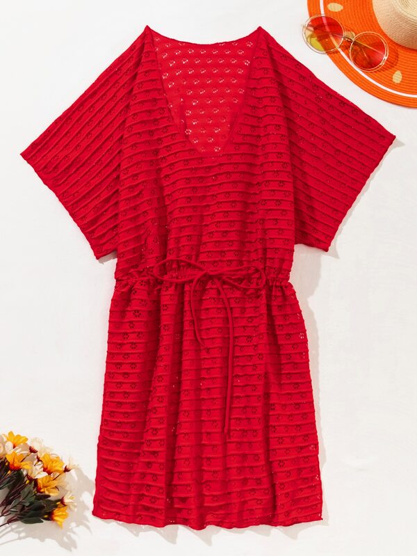 SHEIN Swim Vcay Hollow Out Batwing Sleeve Drawstring Waist Cover Up