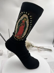 1pair Men Figure Pattern Fashion Crew Socks - Black - View 2