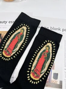 1pair Men Figure Pattern Fashion Crew Socks - Black - View 3