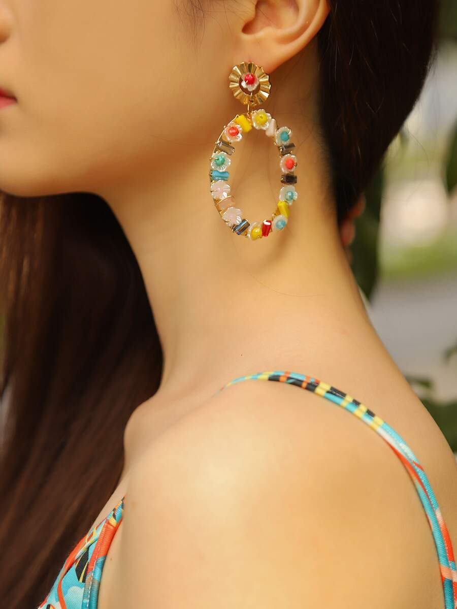 2pcs Bead Decor Drop Earrings - Multicolor - View 1