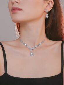 3入組/套方晶鋯石水滴裝飾首飾套裝 - 銀色 - 查看 2