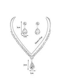 3入組/套方晶鋯石水滴裝飾首飾套裝 - 銀色 - 查看 3