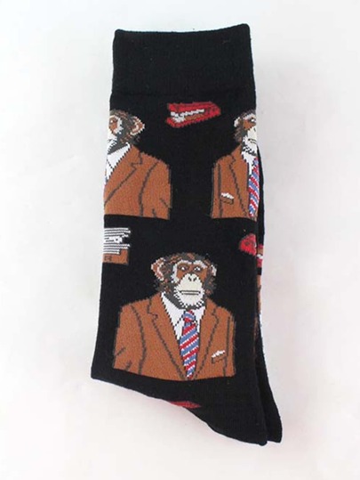 1pair Men Chimpanzees Pattern Creative Crew Socks, Fall Socks