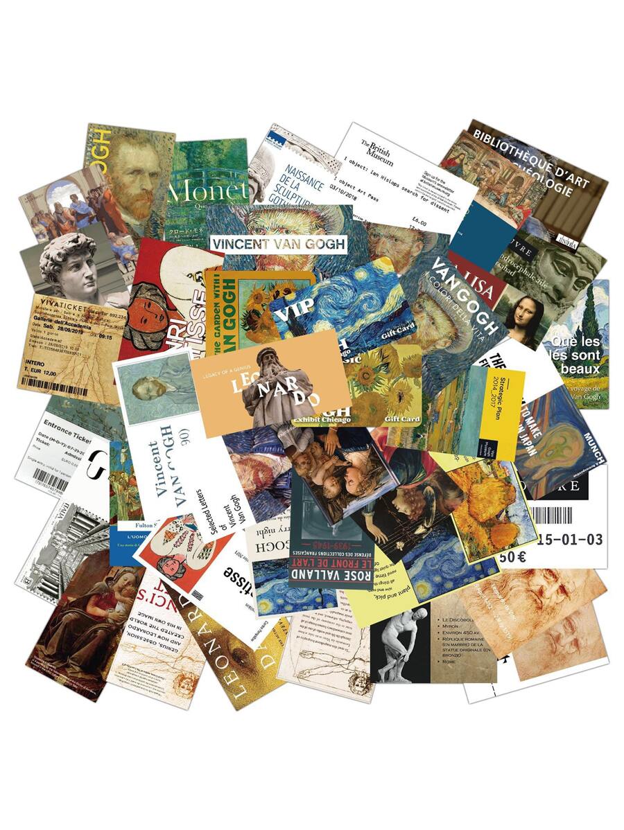 50 张艺术博物馆艺术油画票根涂鸦贴纸，名画贴纸适用于笔记本、手提电脑、水瓶、自行车、滑板、剪贴簿、防水乙烯基、艺术画廊 - 彩色 - 查看 1