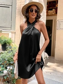 SHEIN Unity Vestido unicolor con tira cruzada de cuello halter - Negro - Ver 1