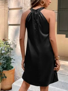 SHEIN Unity Vestido unicolor con tira cruzada de cuello halter - Negro - Ver 2